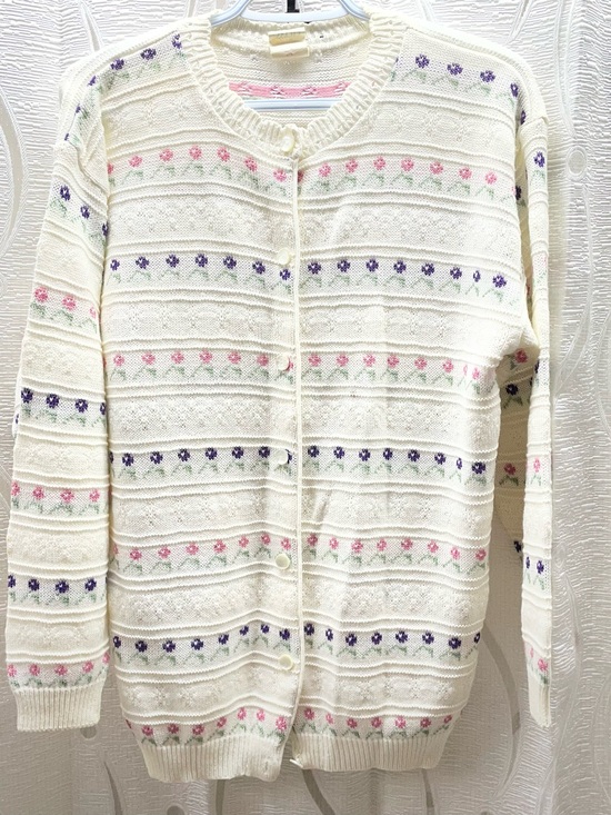 Avon Sweaters - Vintage cottagecore Avon Cream Knit Cardigan with Pink and Purple Floral Stripes